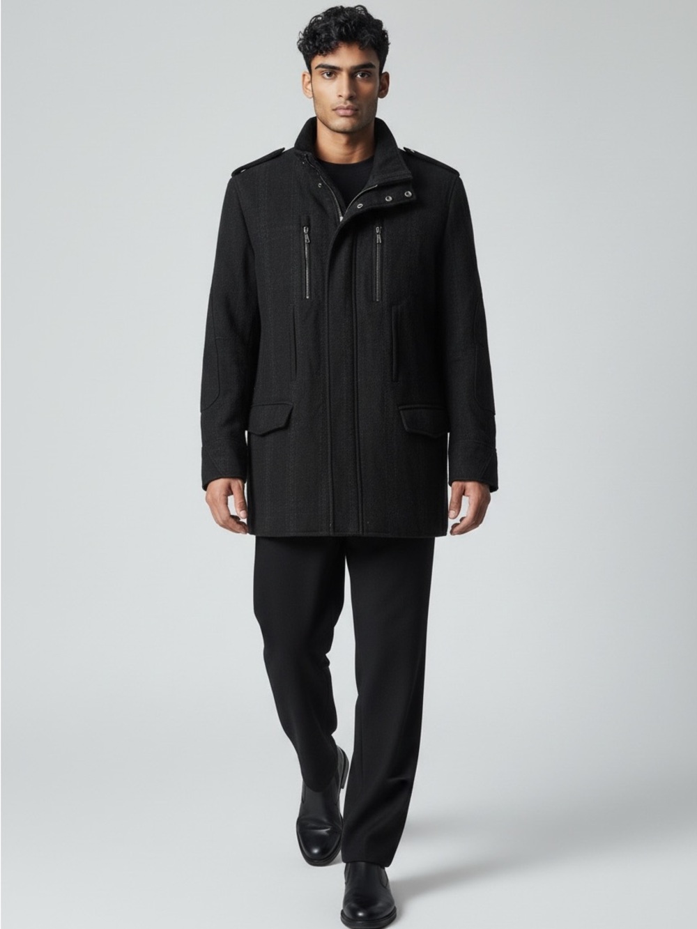 Elie Tahari Men Black Wool Car Coat Jacket Size Large Full Zip Military Epaulets